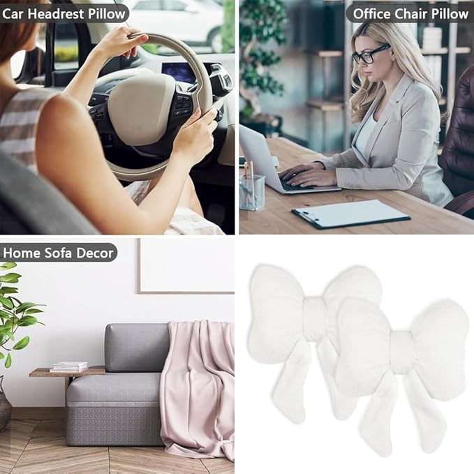 LYFJMUS 4 Pack Plush Bow Car Headrest Pillow and Lumbar Support Pillow Soft Butterfly Car Neck Pillows for Driving Cars Decor