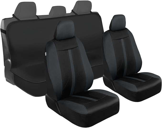 Motor Trend Front & Rear Car Seat Covers Full Set - Charcoal Cloth Bucket Seat Covers for Front Seats + Waterproof Rear Split Bench Cover – Universal Fit for Car Truck SUV Van Interior Protection