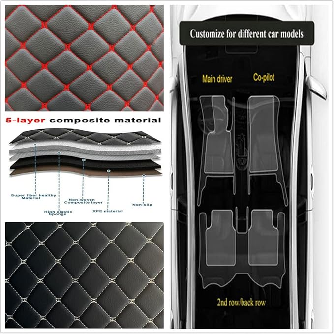Custom Personalized Floor Mats for Cars - Luxury Full Coverage All Weather Mats, Anti-Slip Leather Mat Set, Fit for 99% of Cars, SUVs & Trucks (Black Red, B-Strip Shape)