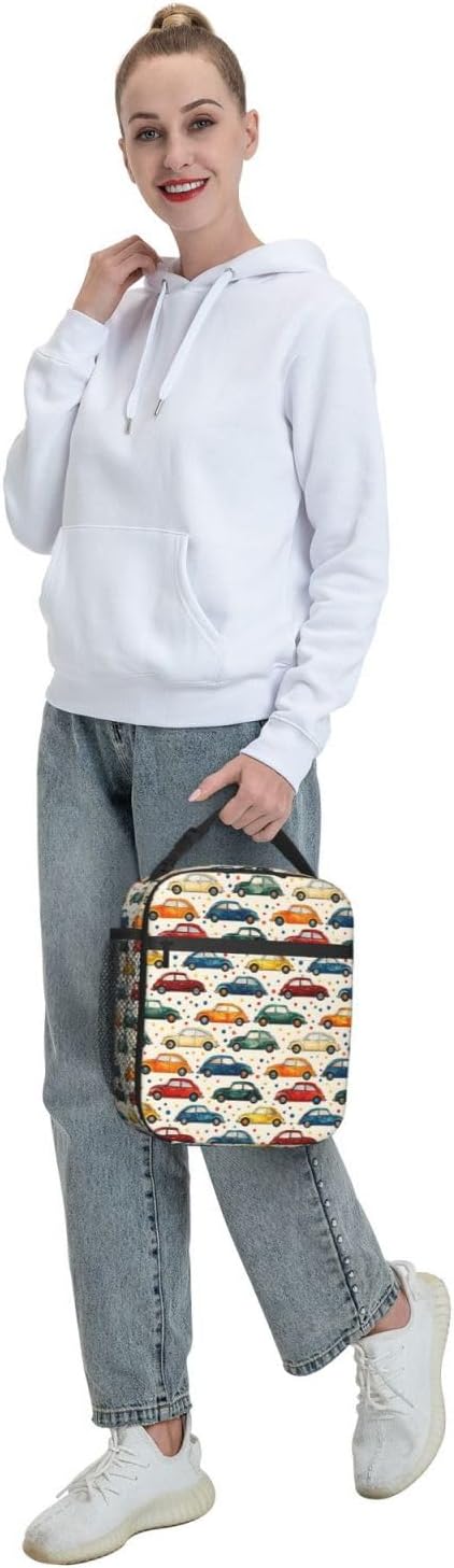 Car Theme Lunch Box for Women Adults Kids, Insulated Cooler Polyester Vintage Classic Cars Lunch Bag for Picnic, School, Office, Travel, Work, Portable Reusable Tote Thermal Lunch Bags