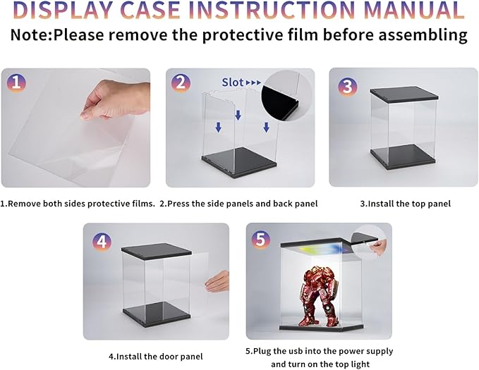 Clear Acrylic Display Case with Light for Lego Helmet, Multiple Color Lights Dustproof Protection Display Box for Collectibles Action Figures(7×7×9inch)