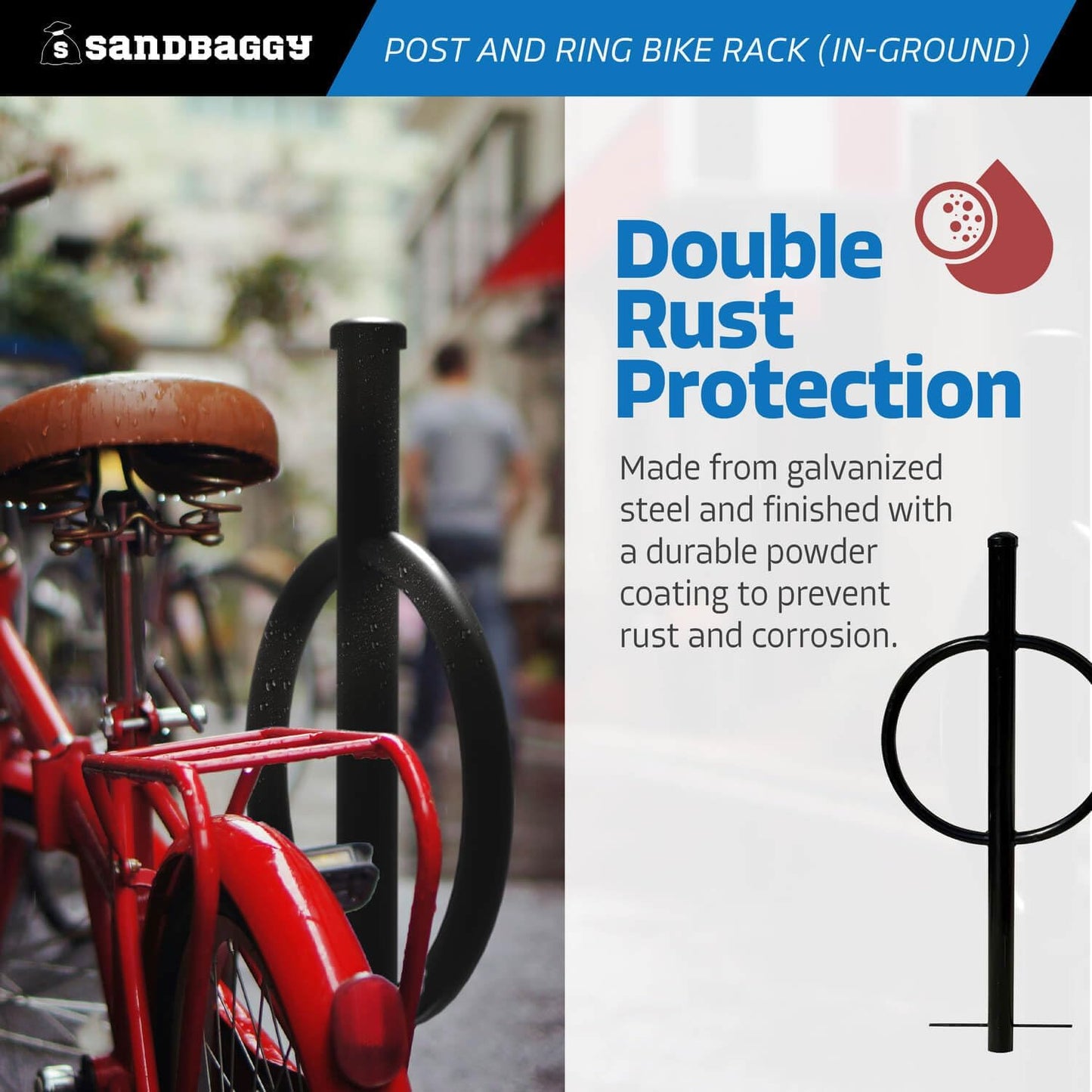 Sandbaggy Post and Ring Rack - In Ground - Commercial Outdoor Bike Parking & Storage Racks (Red, 1)