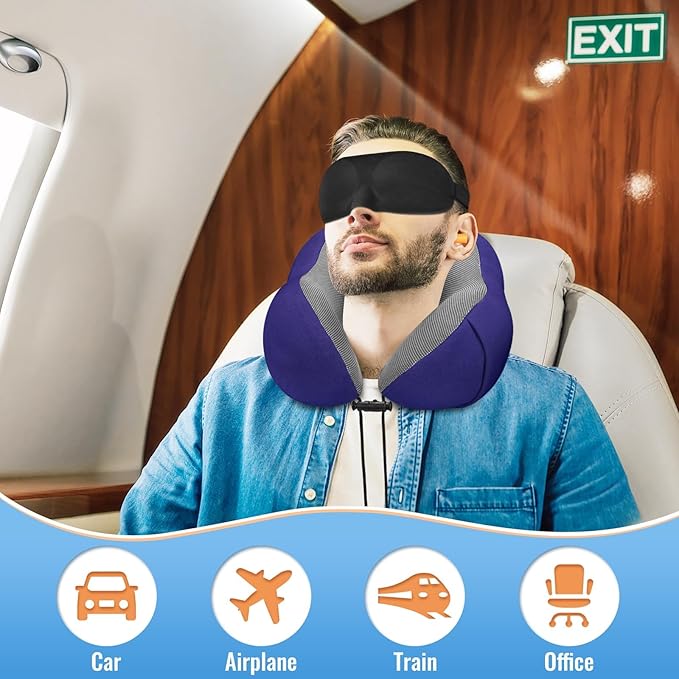 CloudBliss Travel Pillow Premium Memory Foam, Comfortable & Supportive Neck Pillow, Sleeping Neck Pillows for Travel, Airplane Pillow for Sleeping Airplane, Car, Office and Home(Navy)