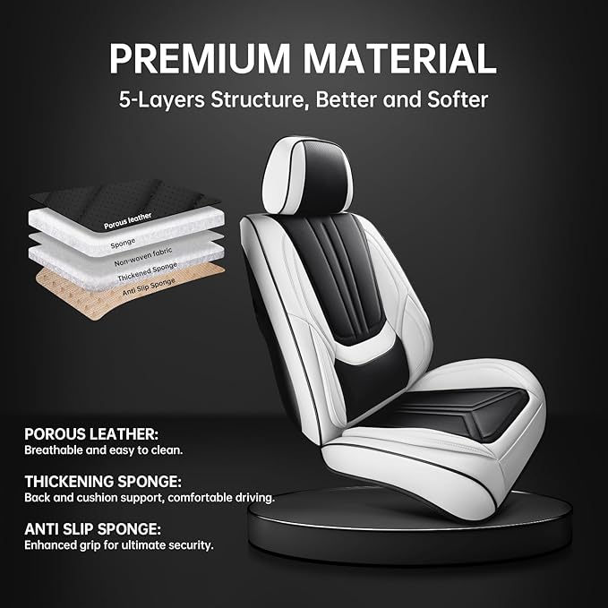 Car Seat Covers, Premium Leather Car Seat Covers, Waterproof and Breathable Seat Covers, Universal Car Seat Protector Fit for Cars, Trucks, SUVs, Pick-ups (Black & White, FullSet)