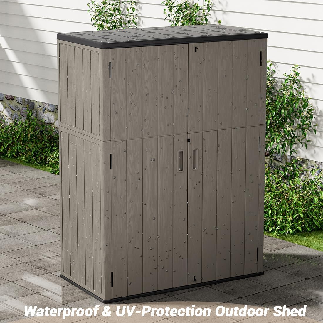 KINYING Outdoor Storage Shed,57 Cu.ft Vertical Outdoor Storage Cabinet Waterproof, Outdoor Resin Tool Shed for Patio Furniture, Garden Tools, Pool Accessories, Lawn Mower(Coffee Color)