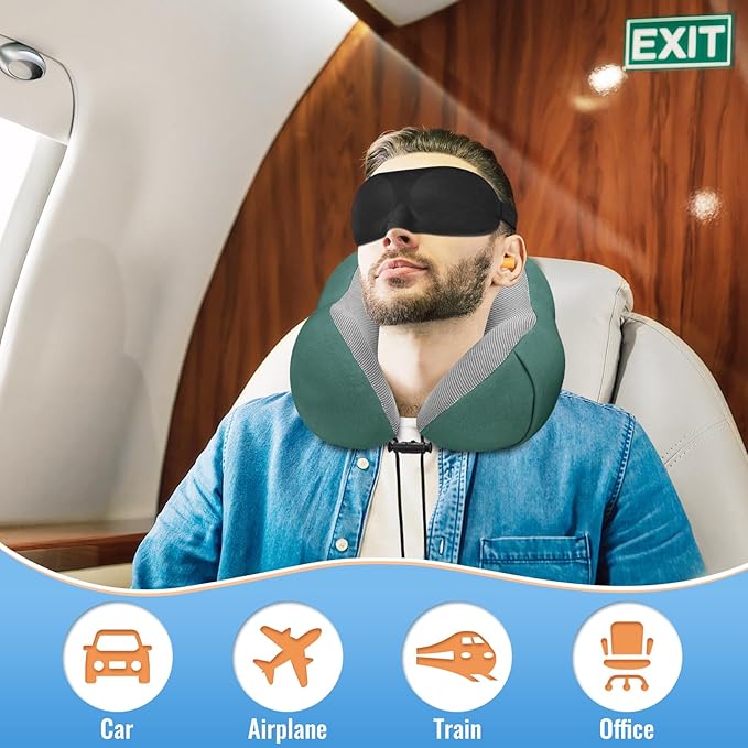 CloudBliss Travel Pillow Premium Memory Foam, Comfortable & Supportive Neck Pillow, Neck Pillows for Sleeping Travel, Airplane Pillow for Sleeping Airplane, Car, Office and Home(Black & Green)
