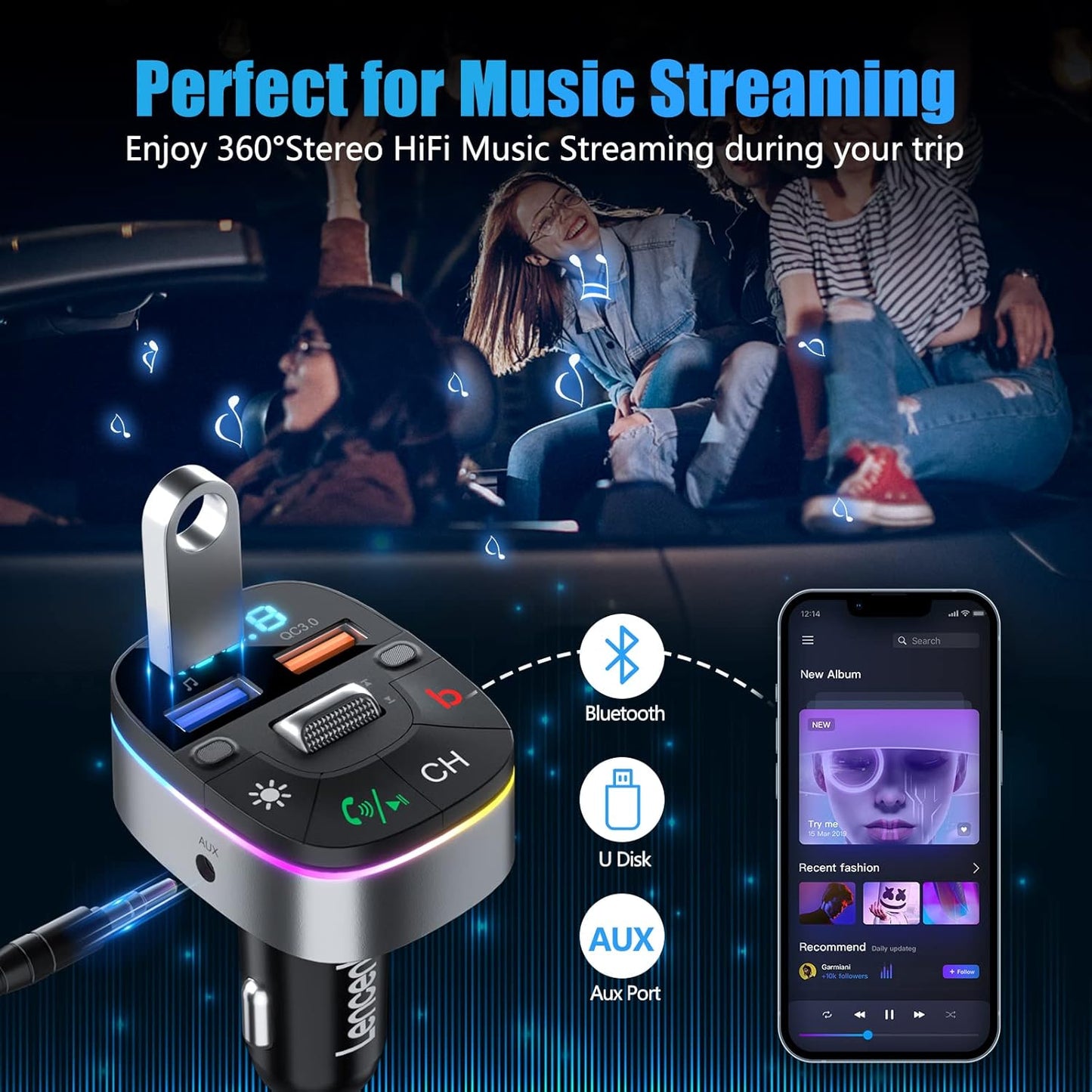 LENCENT Bluetooth Car Adapter, 5.0 Car FM Transmitter with QC3.0 Charger, AUX Bluetooth Radio Music, Wireless Dual Mics, Bass Sound, Cigarette Lighter, & HandsFree, Supports Siri & Google Assistant