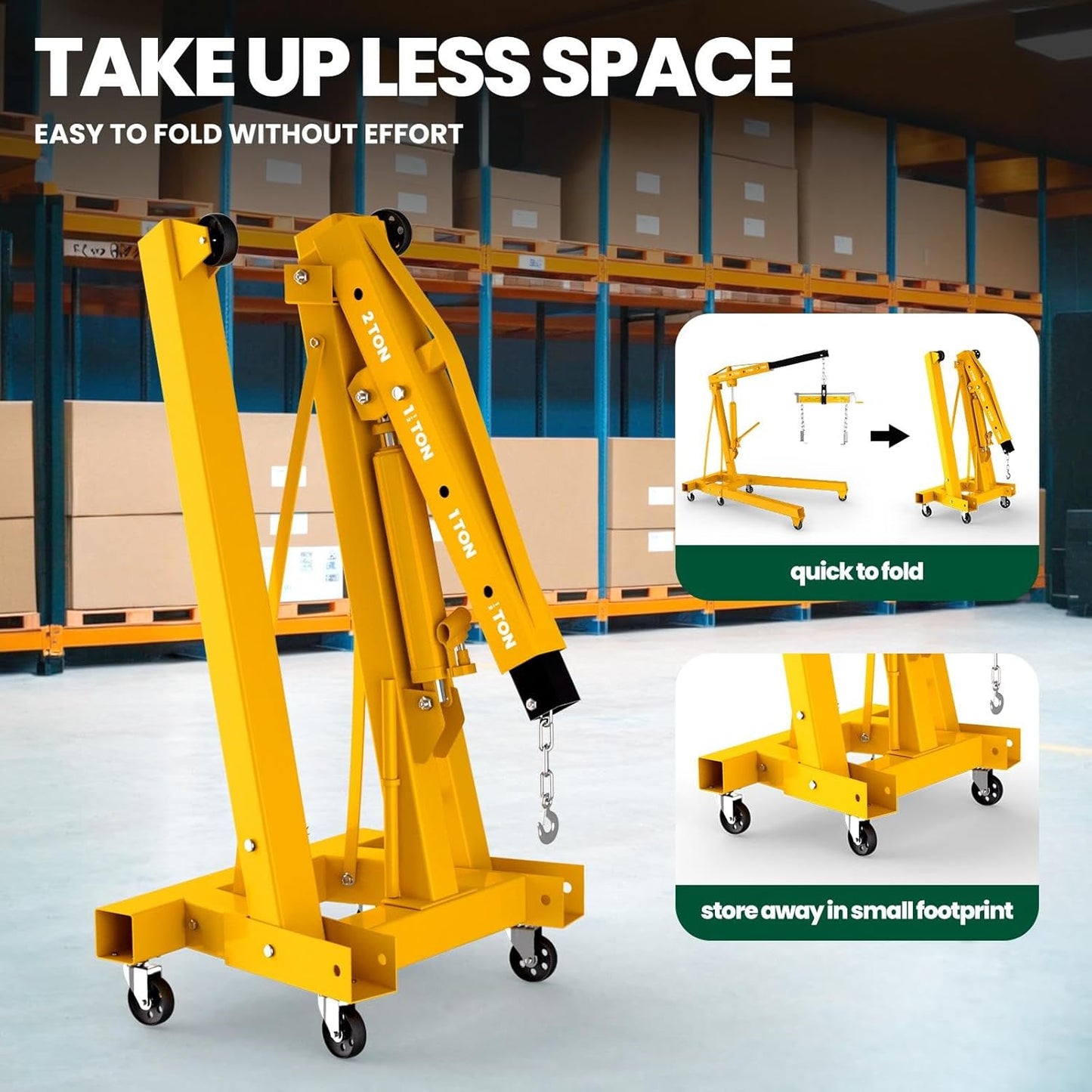 2 Ton Folding Engine Hoist, 4400lbs Hydraulic Cherry Picker Engine Hoist with 6 Casters, Heavy Duty Engine Lift for Garage, Workshop, Automotive Repair (Yellow)