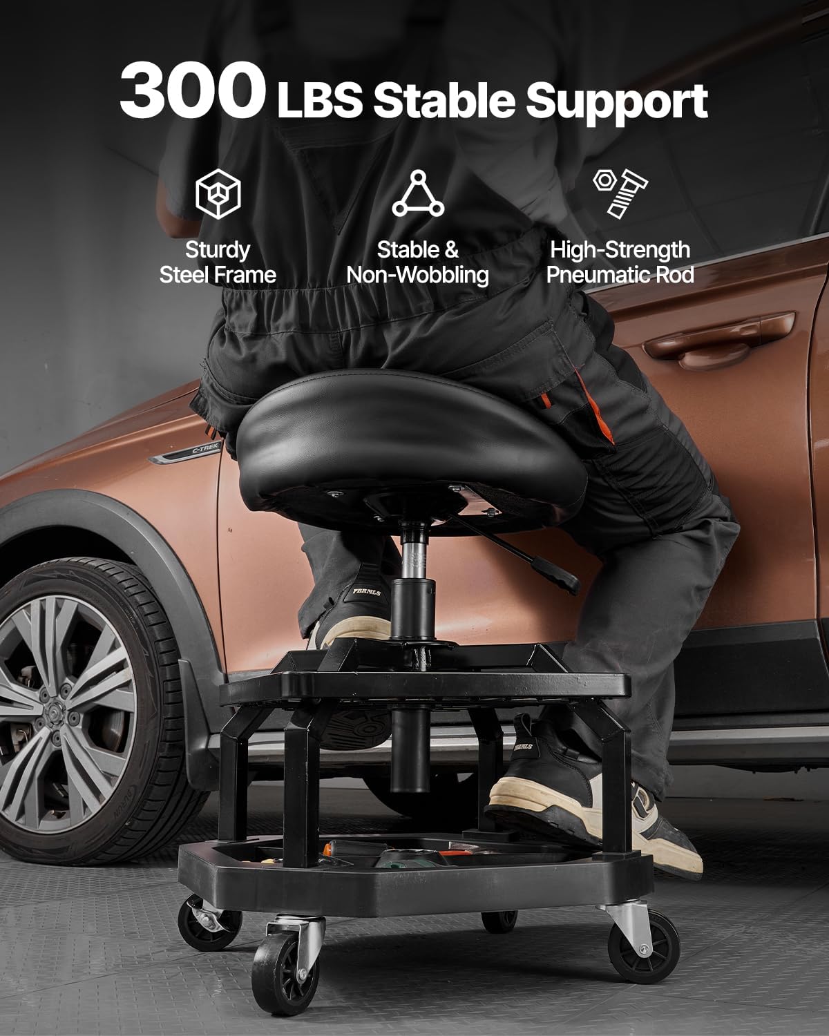 VEVOR Industrial Black Pneumatic Garage Seat/Work Stool with 300 lbs Capacity, Adjustable Height Roller Creeper Seat, 360 Swivel Padded Workshop Stool with Casters, for Garage, Shop & Auto Repair