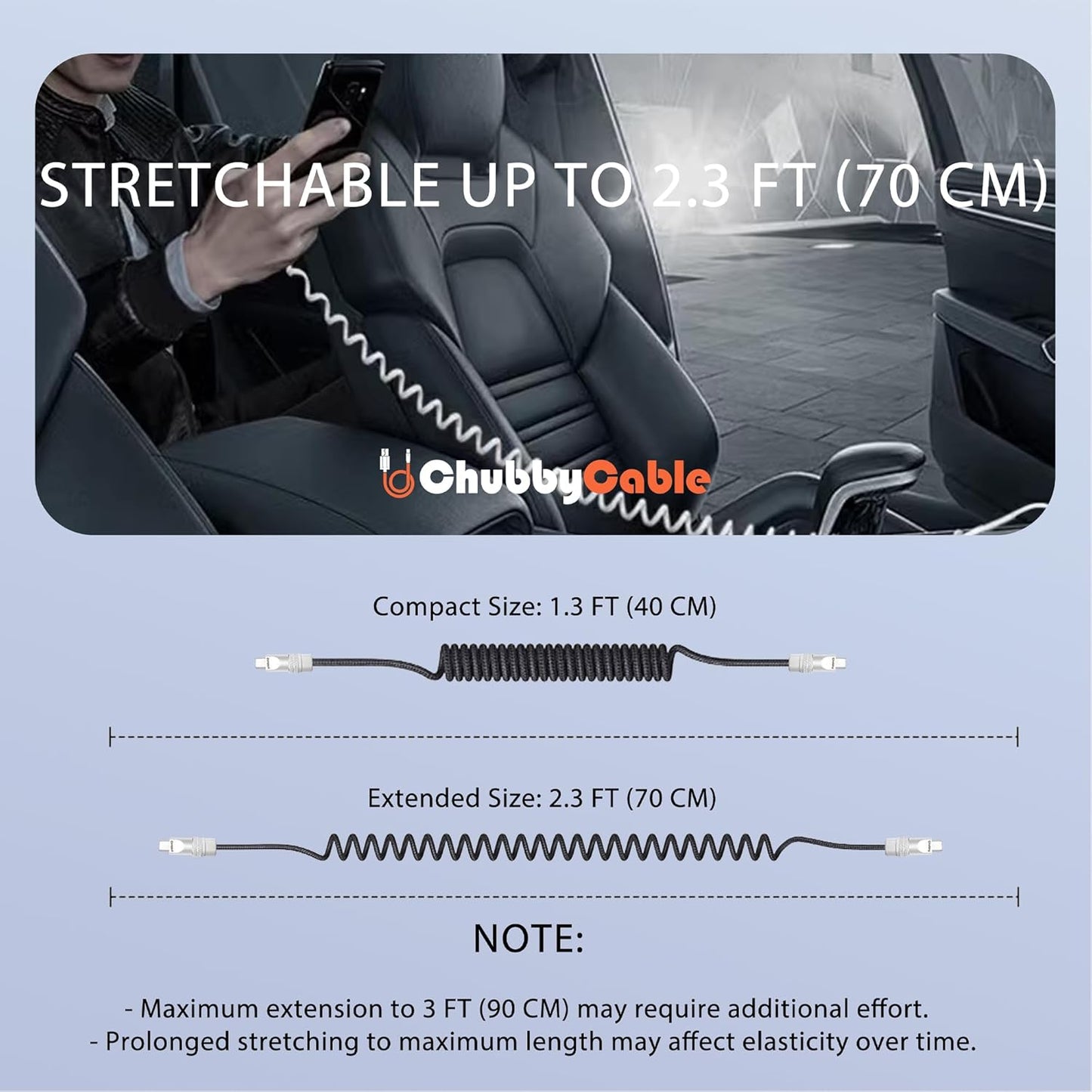 chubbycable Curly Chubby - Retractable Fast Charging Cable 240W Coiled Charger Cord for Car Durable USB-C Cable for Phones, Tablets and More, Dark Blue, Type-C to Type-C, 1.3FT-2.3FT