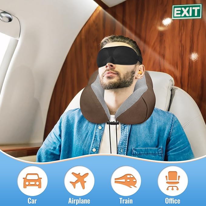 CloudBliss Travel Pillow Premium Memory Foam, Comfortable & Supportive Neck Pillow, Sleeping Neck Pillows for Travel, Airplane Pillow for Sleeping Airplane, Car, Office and Home(Brown)