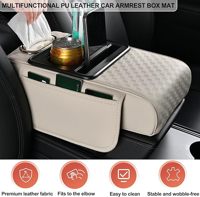 Center Console Cover,Car Armrest Cushion Multifunctional with 2 Storage Bags Cup Holder,Phone Slot,Tissue Box Slot for Most Cars Accessories Interior Organizers-Black 13.8x7.9 in