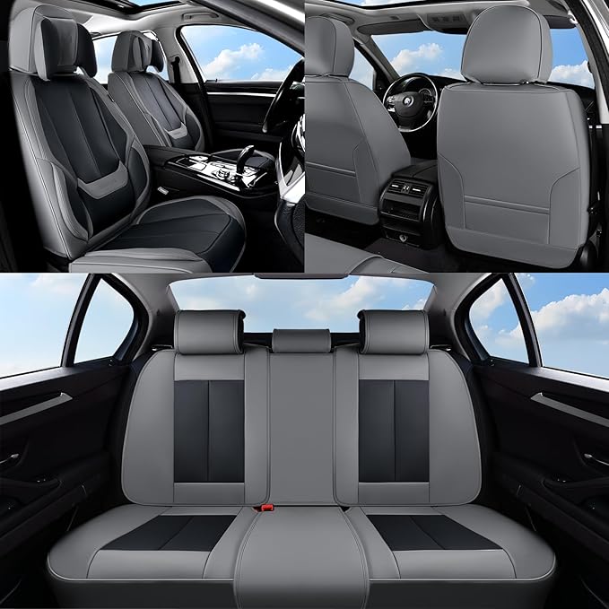 Coverado Seat Covers Full Set, 5 Seats Seat Covers for Cars, Waterproof Nappa Leather Car Seat Covers with Head Pillow, Seat Protectors Car Seat Cushion Universal Fit for Most Cars (Gray&Black)