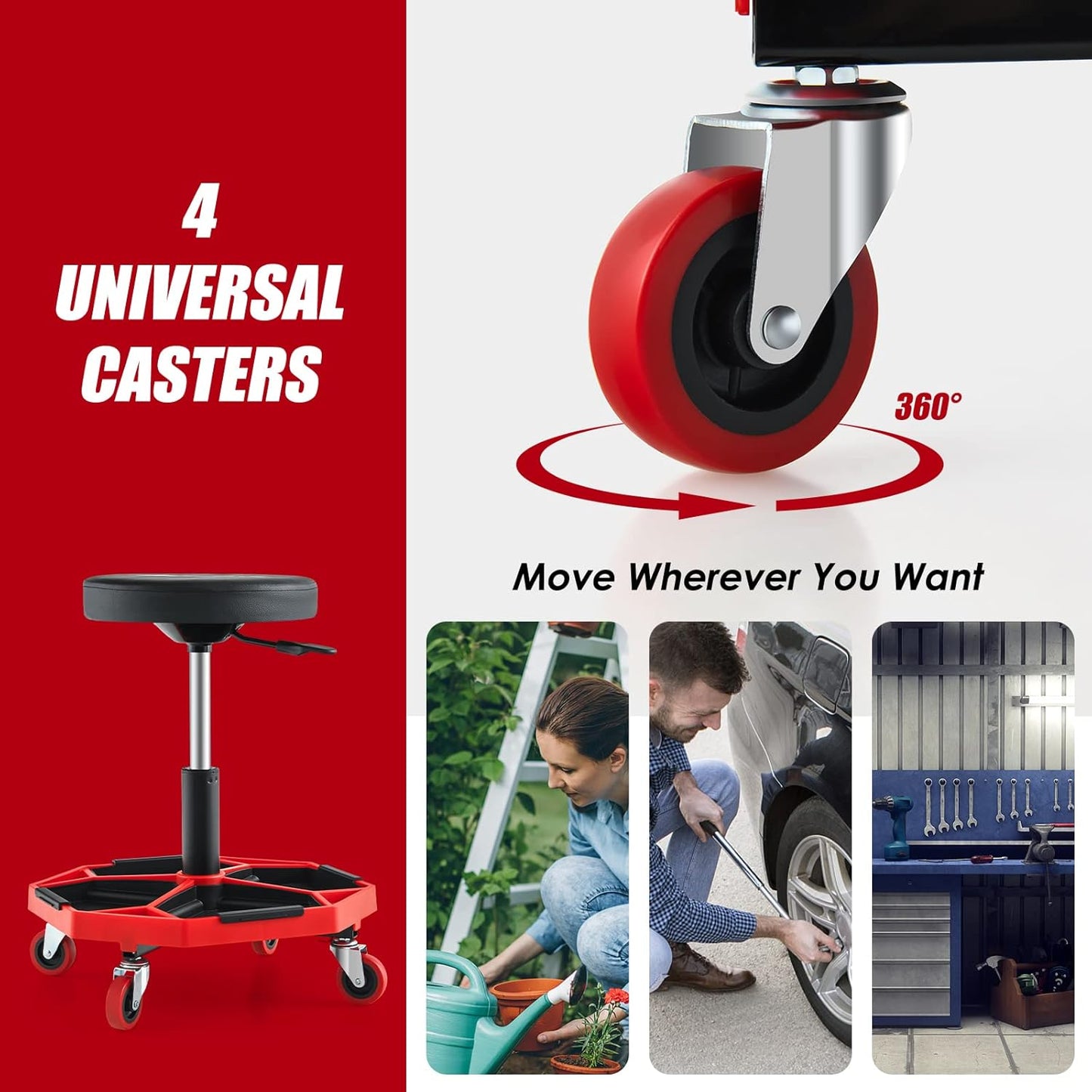 Goplus Garage Stool, 16”-22” Adjustable Rolling Mechanic Stool with Universal Wheels, Removable Magnetic Tool Tray, 2” Thick Padded Cushion, 330LBS Capacity, Roller Creeper Seat, Shop Chair