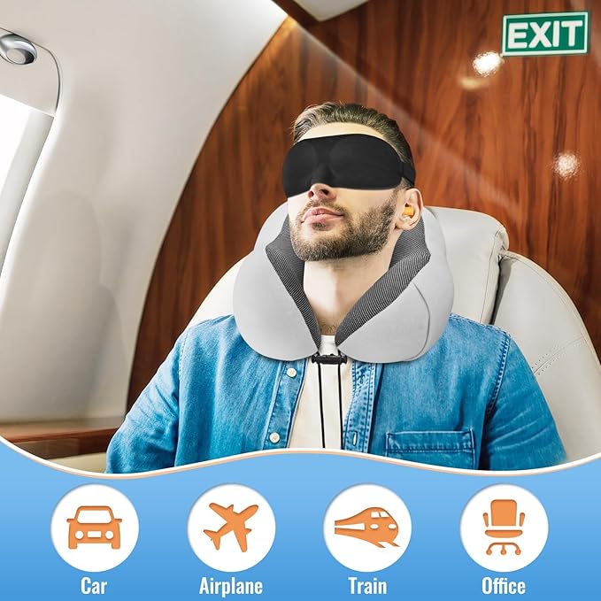CloudBliss Travel Pillow Premium Memory Foam, Comfortable & Supportive Neck Pillow, Neck Pillows for Sleeping Travel, Airplane Pillow for Sleeping Airplane, Car, Office and Home(Black & Light Grey)