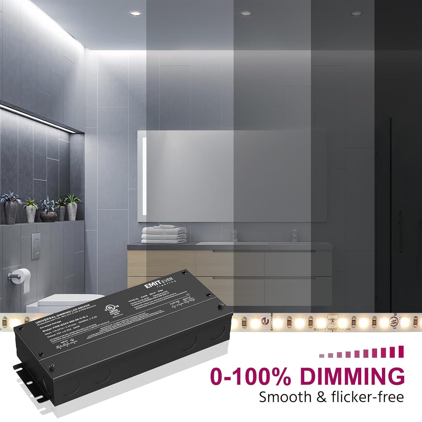 EMITEVER Dimmable Led Driver, 200W AC 110V-277V to DC 24V Transformer, 5-in-1 Dimming: ELV/MLV/TRIAC / 0-10V / 1-10V / 10V PWM/Potentiometer, Waterproof IP67 and UL Listed