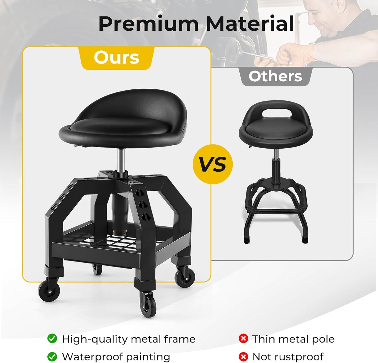 S AFSTAR Shop Stool with Wheels, Height Adjustable Garage Stool with 4 Universal Wheels & Tool Tray, 330 LBS Capacity, Heavy Duty Creeper Chair Seat Rolling Mechanic Stool for Garage Workshop (Black)