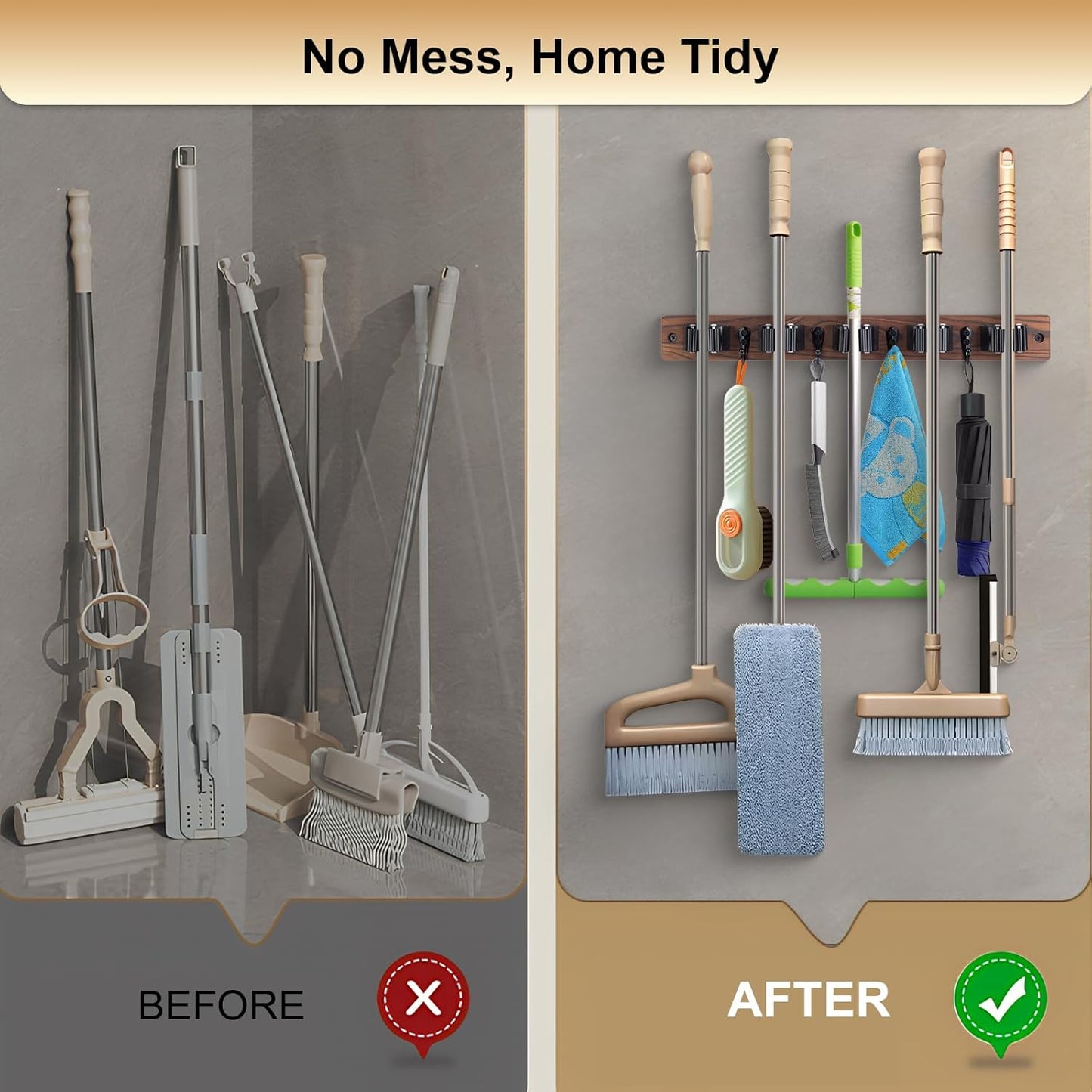 Broom Holder Wall Mount With 5 Slots & 4 Hooks,Rustic Wood Broom & Mop Hanger,Wall Mounted Garden & Garage Tool Storage Organizer Rack for Closet Laundry Room or Kitchen Wall Decor Black