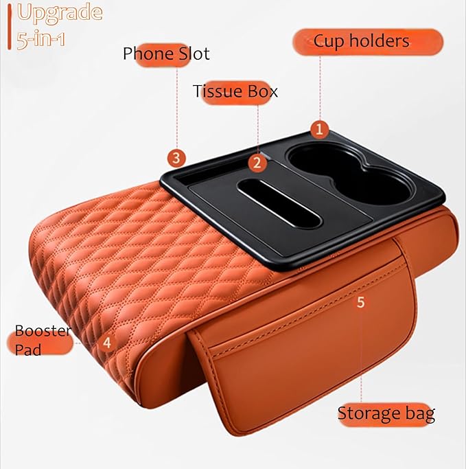 5-in-1 Car Armrest Pad Cushion, Water Ripple Embossed Center Console Booster Pad with Tissue Box, Cup Holder, Storage Bag, Phone Slot, Fit for Most Sedan Vehicles (Water Ripple Series, Black-Red)