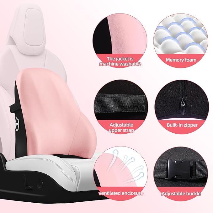 LIQUN Memory Foam Seat Waist Pillow, for Office Chair, Car, Game Chair Lower Back Pain Relief and Improve Posture Lumbar Support Pillow, (Pink)
