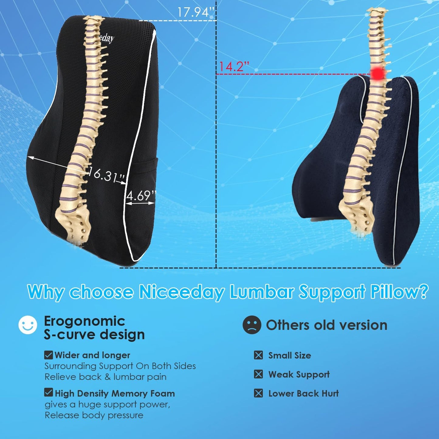 Lumbar Support Pillow for Office Chair Car Back Support Pillow, Memory Foam Gaming Chair Desk Chair Back Cushion for Lower Back Pain Relief, Ergonomic Back Rest with Double Adjustable Straps