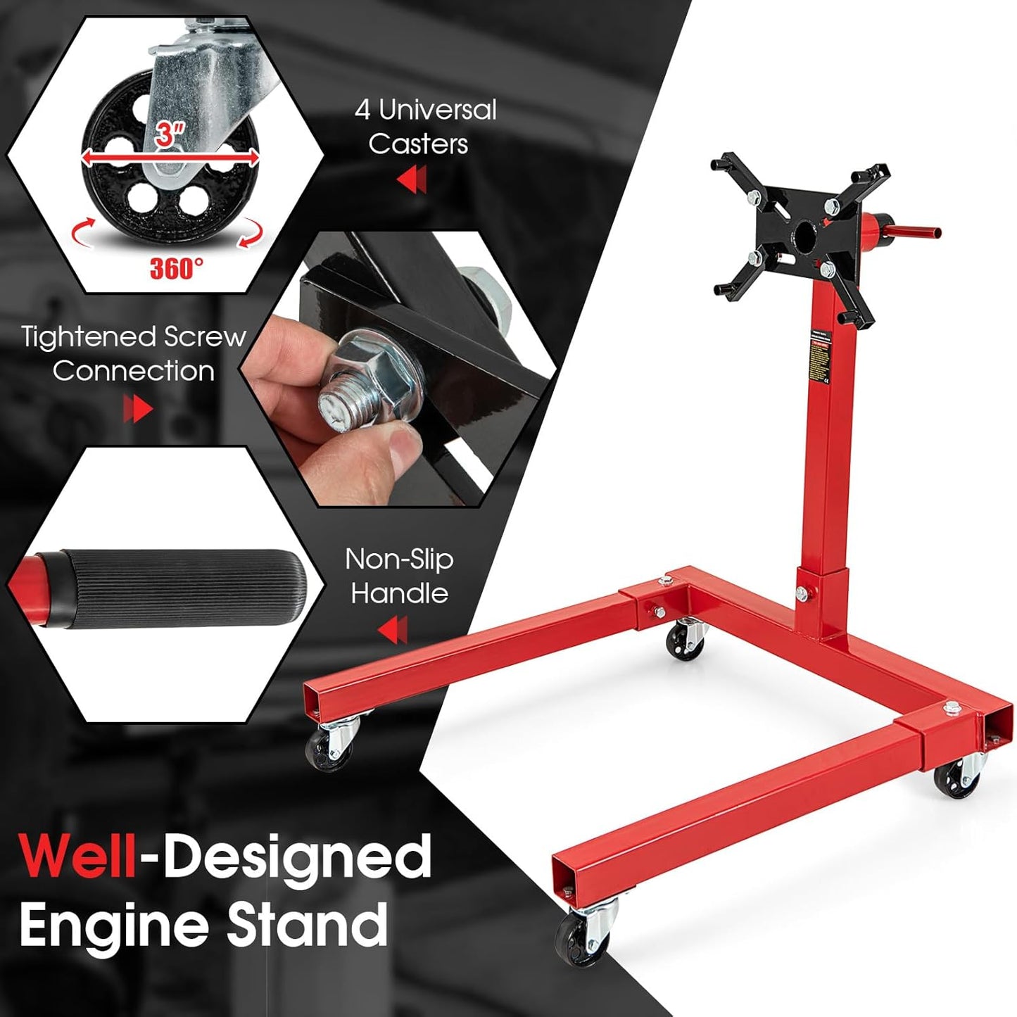 Goplus Engine Stand, 1500 LBS (3/4 Ton) Motor Stand with 4 Wheels, 360 Degree Rotating Head & 4 Adjustable Arms, Heavy-Duty Metal Engine Holder for Garage, Auto Repair, Red