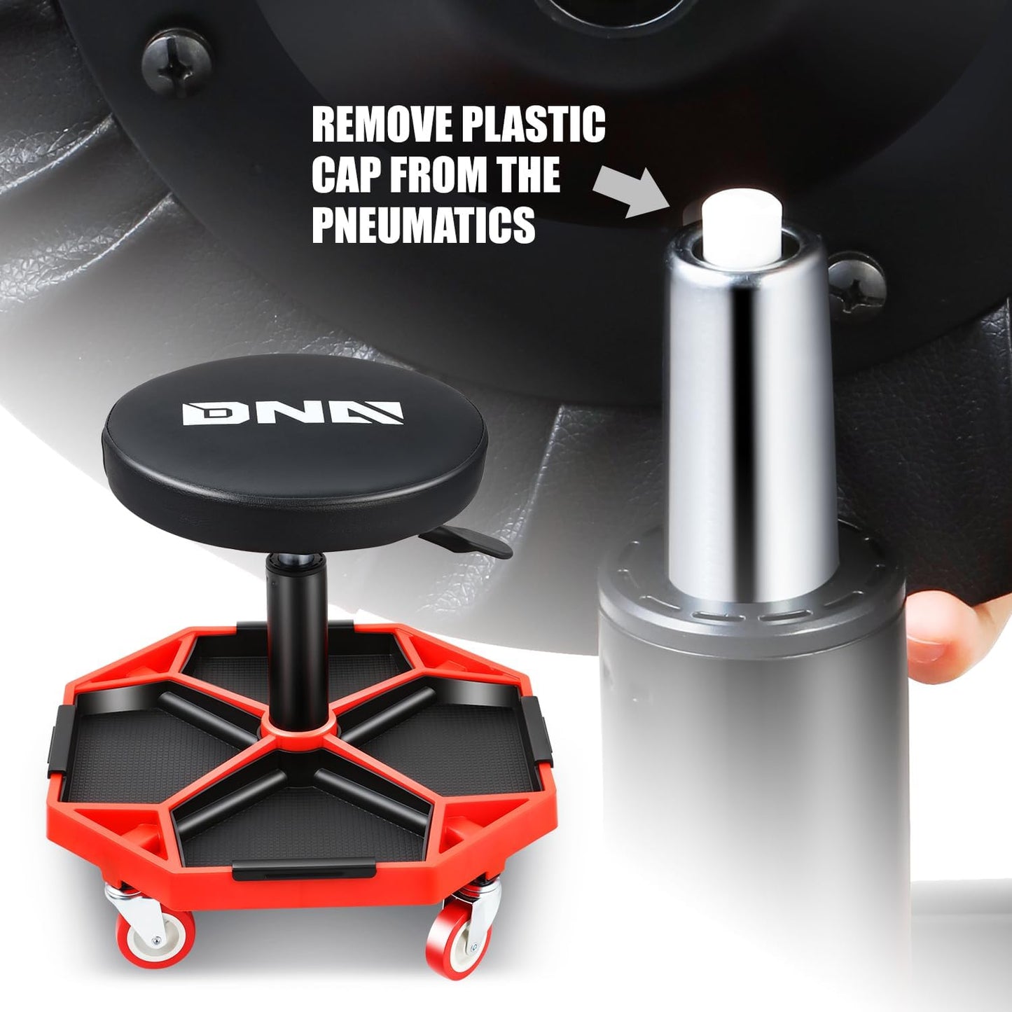 DNA MOTORING TOOLS-00253 Adjustable Height Pneumatic Garage Seat Rolling Mechanic Stool with Tool Tray Storage,300lbs Max Weight Capacity