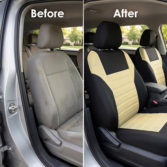 FH Group Automotive Car Seat Covers Full Set Premium 3D Air Mesh Front Seat Covers, Airbag Compatible & Split Bench Cover Universal Fit Interior Accessories for Cars Trucks and SUVs - Beige