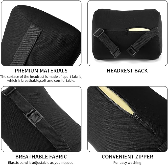Car Headrest Pillow, Soft Memory Foam Car Neck Pillow with Adjustable Strap, Removable Breathable Cover for Long Drives & Office (Black, Pack of 1)