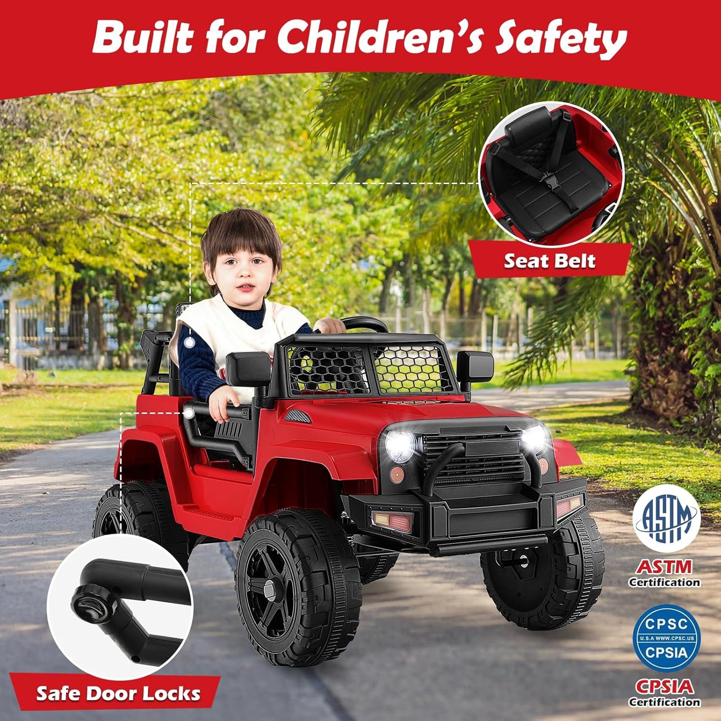 Costzon Ride on Car, 12V Battery Powered Truck Vehicle with Remote Control, Spring Suspension, Headlights, Music, Horn, MP3, USB & Aux Port, Gift for Boys Girls, Electric Car for Kids (Red)