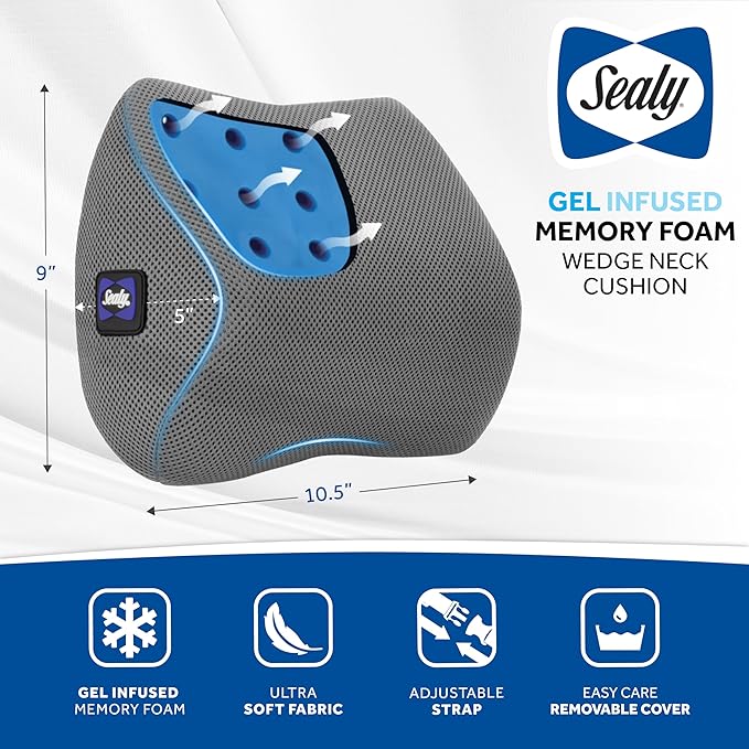 Sealy Ergonomic Car Neck Cushion β Memory Foam Neck Pillow for Car or Office Chair, Travel Neck Pillow,