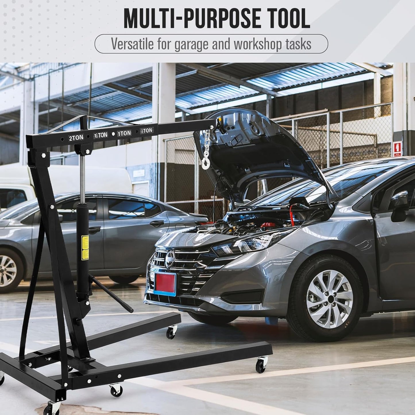 2 Ton Hydraulic Engine Hoist with Lever Stabilizer , Cherry Picker Engine Hoist, 4400LBS Heavy Duty Garage Crane with 6 Swivel Casters & Adjustable Telescopic Boom, for Auto Repair & Workshop (Black)
