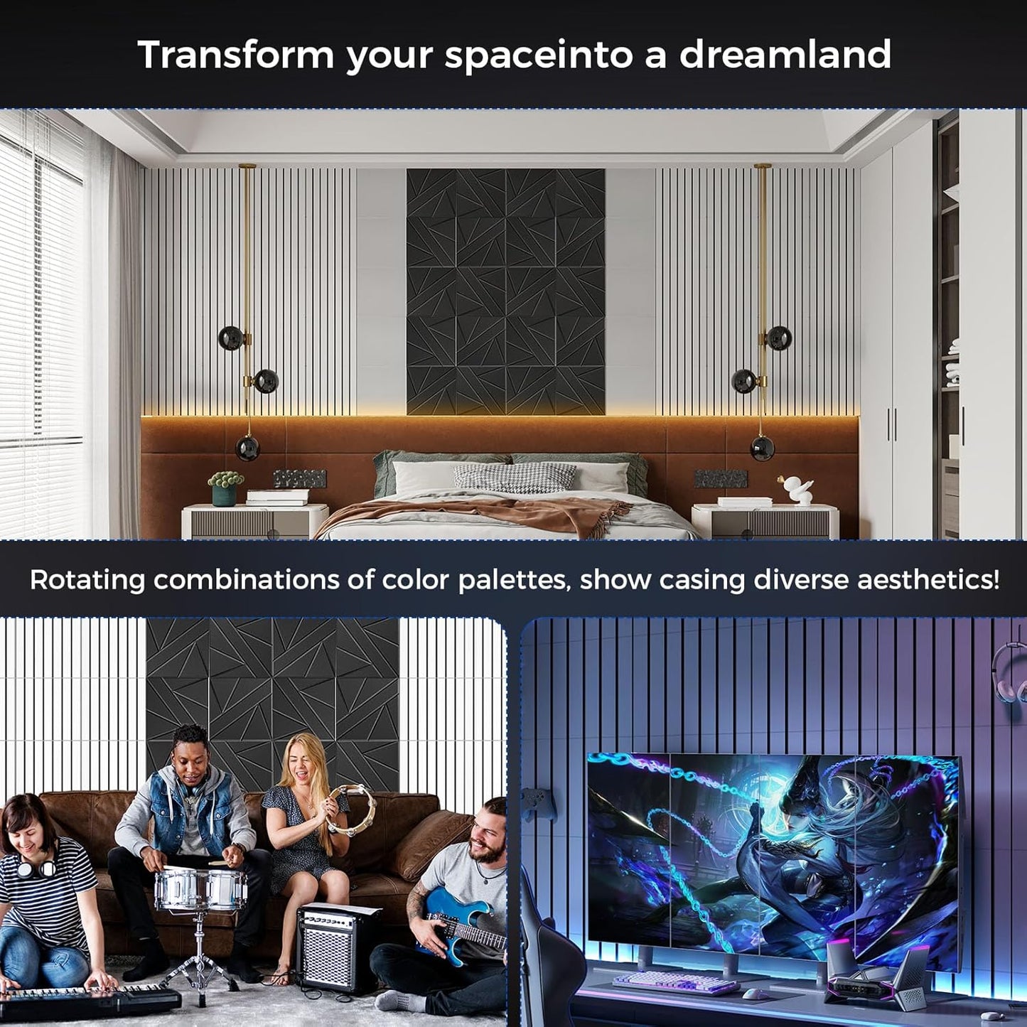 8 Pack 2-Layer Fold Soundproof Wall Panels, 24 x 12 x 0.41 in Large Sound Proof Foam Panels for Walls, 0.9lb/ft³ High Density, 3D Acoustic Panels,Artistic Noise Dampening Panels White&Black