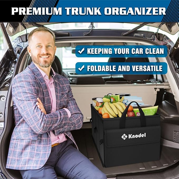 K KNODEL Car Trunk Organizer with Lid, Collapsible Car Trunk Storage Organizer, Car Organizer and Storage for SUV, Truck, Sedan (Medium, Black)