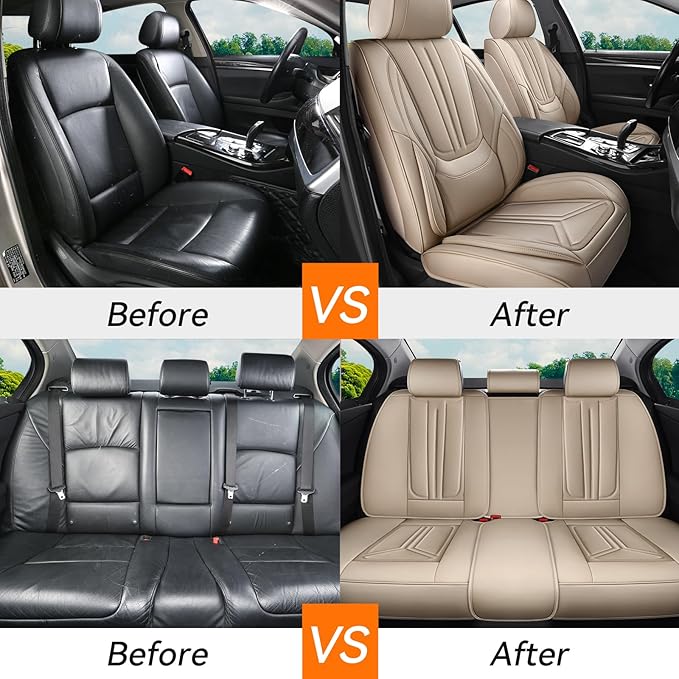 Car Seat Covers Front Seats, Premium Leather Car Seat Covers, Waterproof and Breathable Seat Covers, Universal Car Seat Protector Fit for Cars, Trucks, SUVs, Pick-ups(Beige, 2 PCS Front Seat)