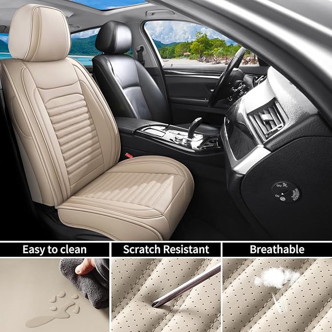 Car Seat Covers Full Set Fit for Toyota 4Runner 2001-2026, Premium Faux Leather Car Seat Protector,Breathable Anti-Slip Full Wrapping Edge Seat Covers(Beige,Full Set)