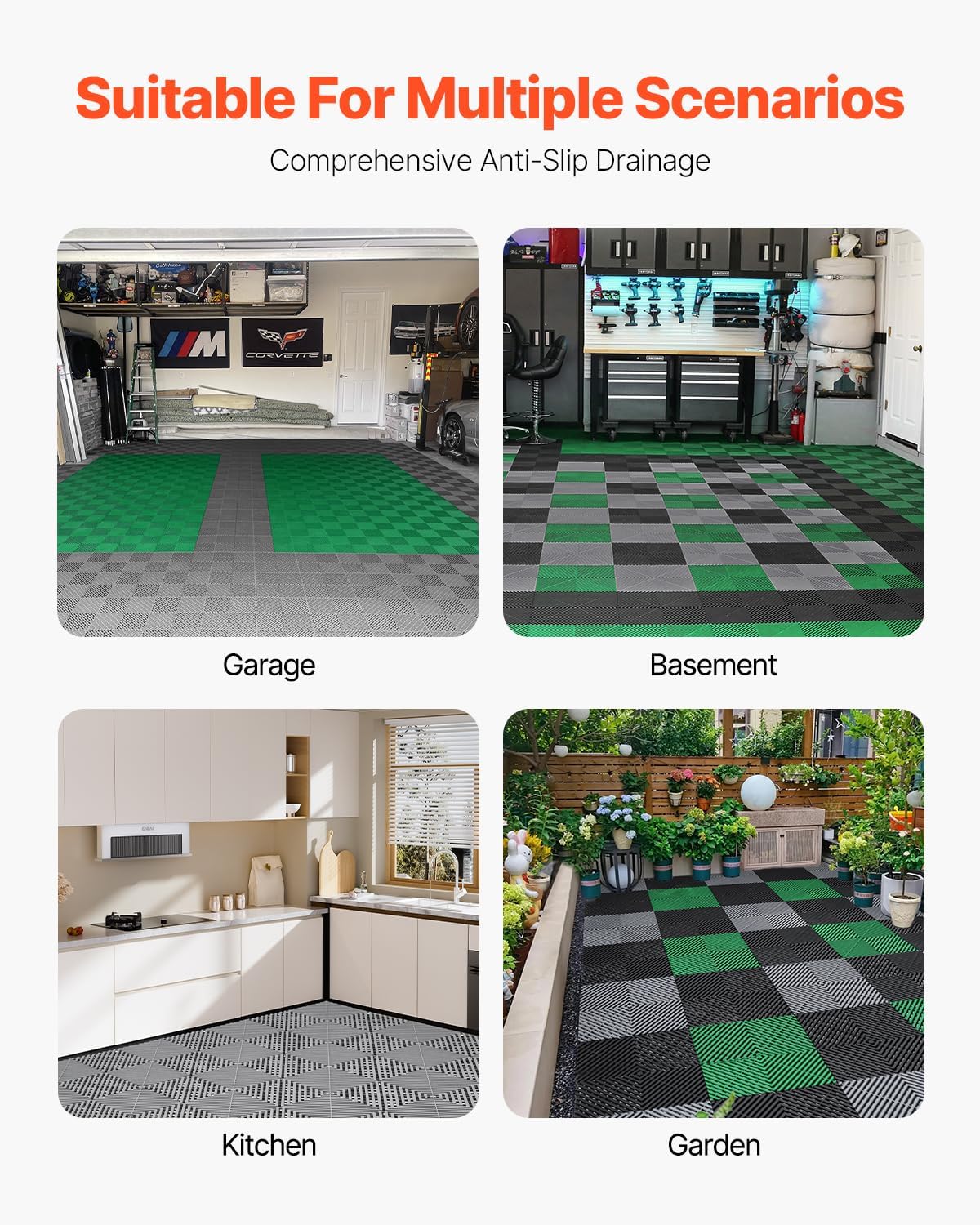 VEVOR Interlocking Drainage Mat, 12” x 12” Modular Interlocking Cushion, 12 Pcs Splicing Drainage Mats, Non-Slip Gray PP Drainage Floor Tile and Shower Mat, for Garage, Garden, Kitchen & Outdoor