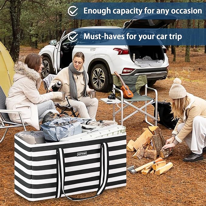 Stand Up Extra Large Utility Tote Bag, Foldable Reusable Grocery Bags with Metal Wire Frame & Reinforced Bottom Board, Large Utility Tote for Shopping, Car Trunk, Beach Bag(Black)