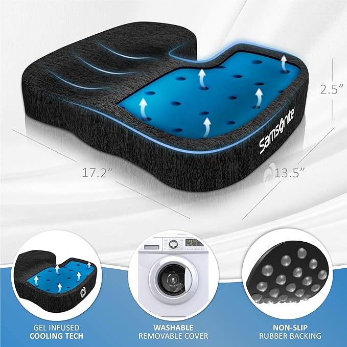 Samsonite Gel Infused Seat Cushion β Ergonomic Cushion for Office Chair, Tailbone Pressure Pad, Coccyx Support for Sciatica, Memory Foam Seat for Car, Desk, or Gaming Chair Use, Black