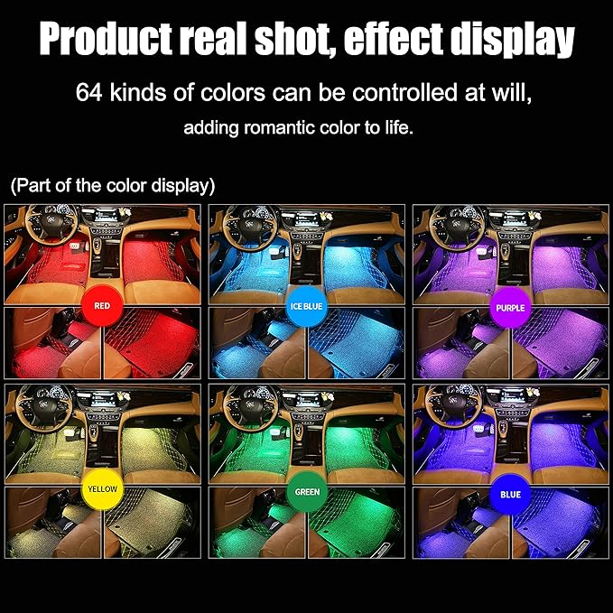 Car Ambient Lighting Kit 64 Colors Multicoloured Music Footwell Lighting APP Control Car DIY Decorative Atmosphere Lighting DC 12V 1W