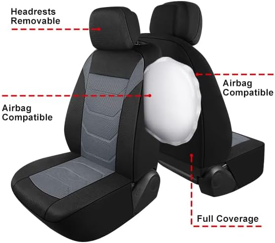3D Air Mesh Car Seat Covers Front Sets Washable and Breathable Premium Cloth Automotive Vehicle Seat Covers for Cars Interior, Universal Fit for Most Cars, Sedan, Truck, SUV(Black/Gray)