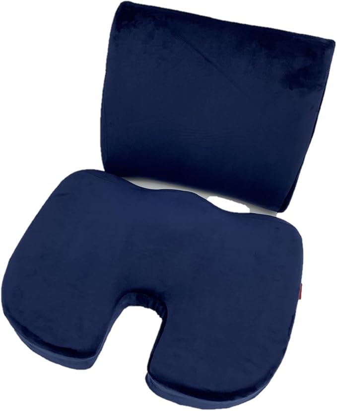 Bookishbunny 2pc High Resilience Memory Foam Seat Chair Waist Lumbar Back Support Cushion Pillow Car Office Home (Navy)