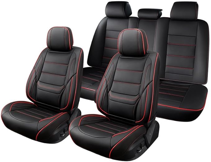 Car Seat Covers Full Set Custom Fit for Saturn Aura 2006-2009-Luxury Leather with Lumbar Support, Breathable, Waterproof, Anti-Slip, Durable, Easy to Install (Black&Red,Full Set)