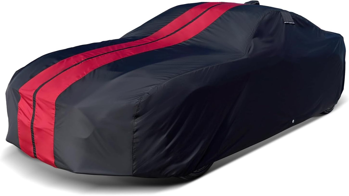 iCarCover Premium Plus Car Cover for 1973-1977 Chevy El Camino Waterproof All Weather Rain Snow UV Sun Hail Protector for Automobiles, Full Exterior Indoor Outdoor Car Cover (Stripe - Black/Red)