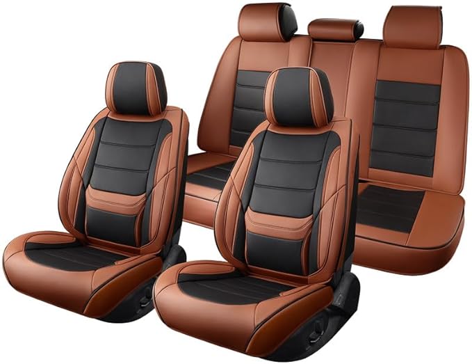 Car Seat Covers Full Set Custom Fit for Saturn ION 2003-2010-Luxury Leather with Lumbar Support, Breathable, Waterproof, Anti-Slip, Durable, Easy to Install (BlackBrown,Full Set)