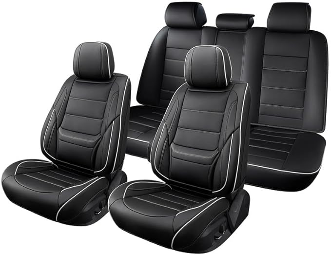 Car Seat Covers Full Set Custom Fit for Ford Fusion 2007-2020-Luxury Leather with Lumbar Support, Breathable, Waterproof, Anti-Slip, Durable, Easy to Install (Black&White,Full Set)