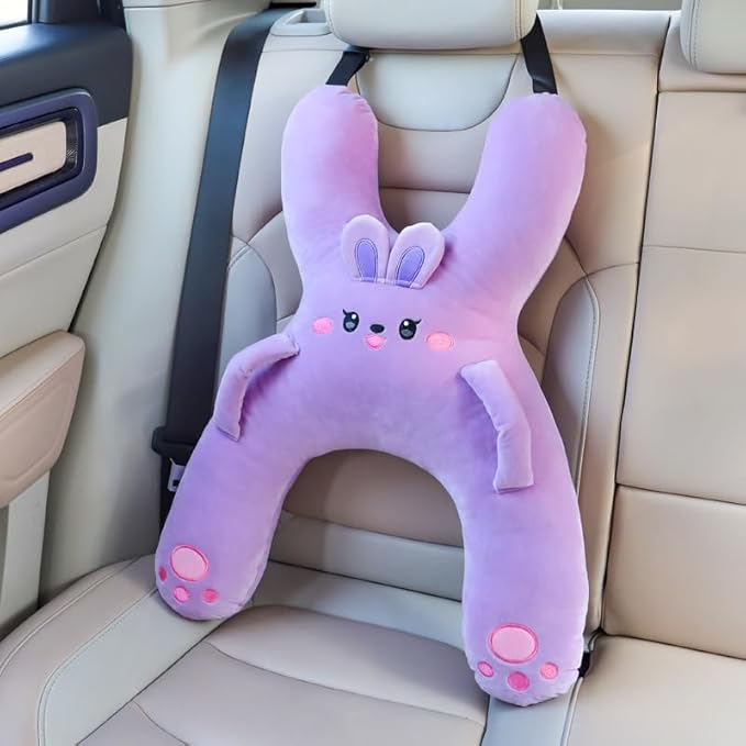 Car Pillow for Travel – Animal-Themed Car Seat Cushion with Safety Belt Protector – 4 Cute Styles: Pig, Dog, Rabbit, Panda (Pig)