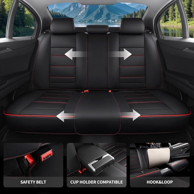 Car Seat Covers Full Set Custom Fit for Mercury Mariner 2005-2011-Luxury Leather with Lumbar Support, Breathable, Waterproof, Anti-Slip, Durable, Easy to Install (Black&Red,Full Set)