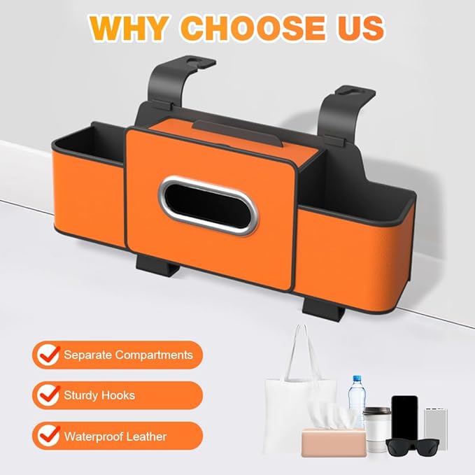 Back Seat Car Organizer,3 in 1 Car Backseat Storage Box with Cup Holder,Tissue Box,Trash Bin&Hooks,Multifunctional Waterproof Storage for Hold Phones Snacks Drinks Handbags (1, Orange)