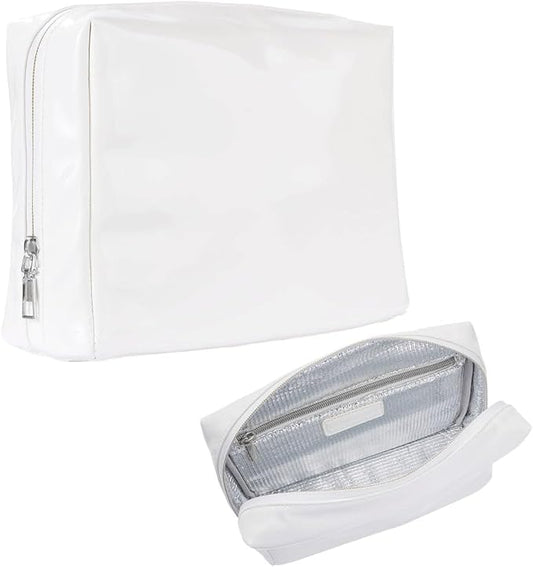 Stay Golden Insulated Waterproof Makeup Bag for Women Heat-Resistant Travel Cosmetic & Toiletry Bag | Luxurious Vegan Leather Portable Makeup Organizer (White with Silver Zipper, Medium)